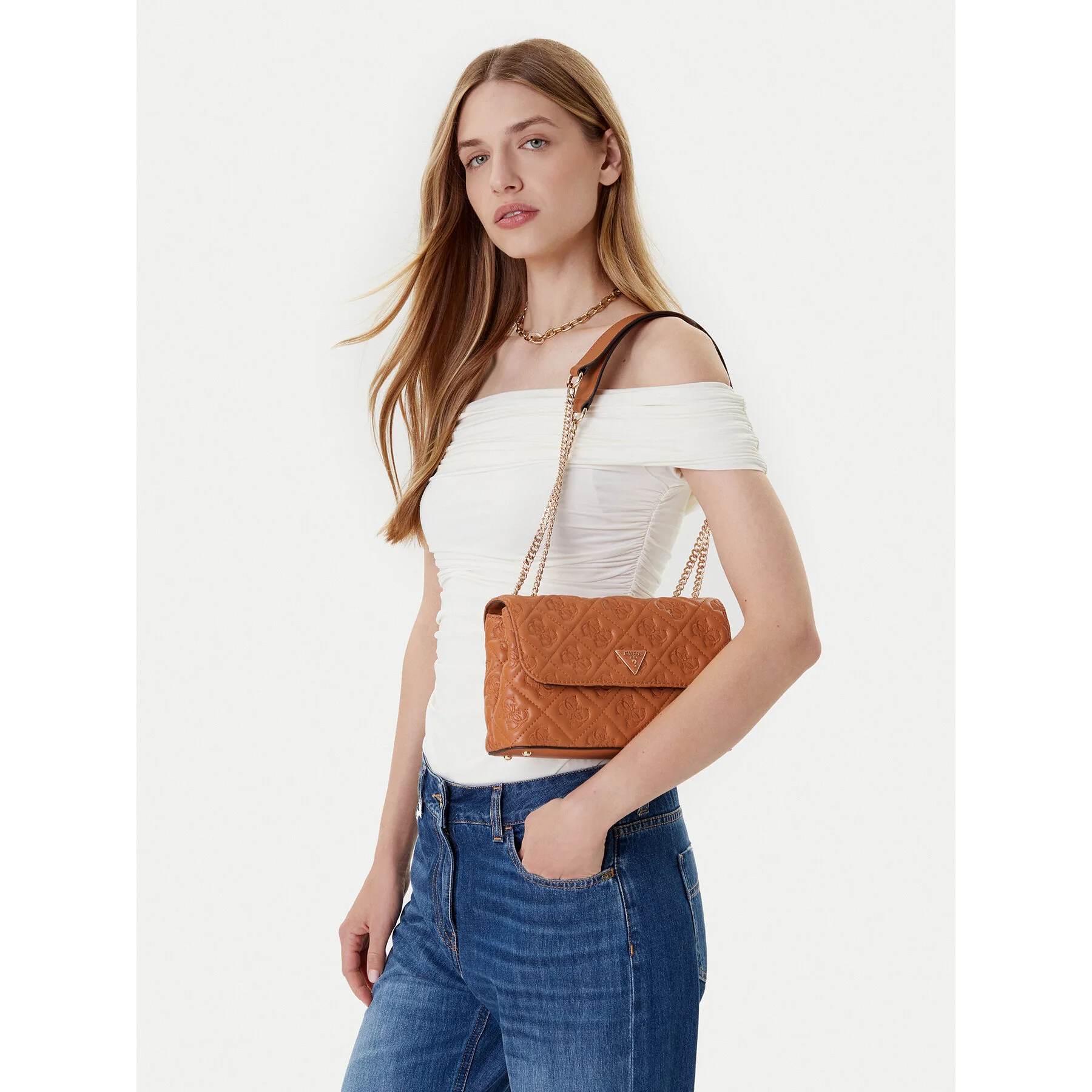 Дамска чанта Guess HWQL96 кафява – Класически дамски чанти
