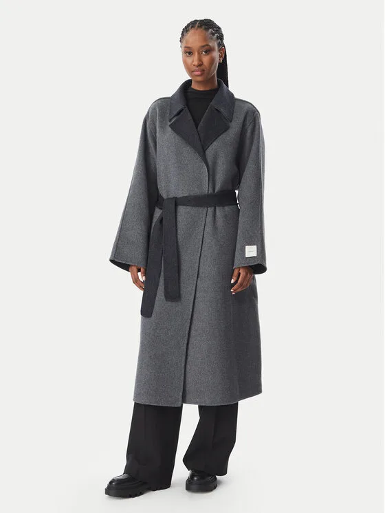 Calvin Klein Вълнено палто Long LV044H538G Сив Regular Fit – Дамски зимни палта