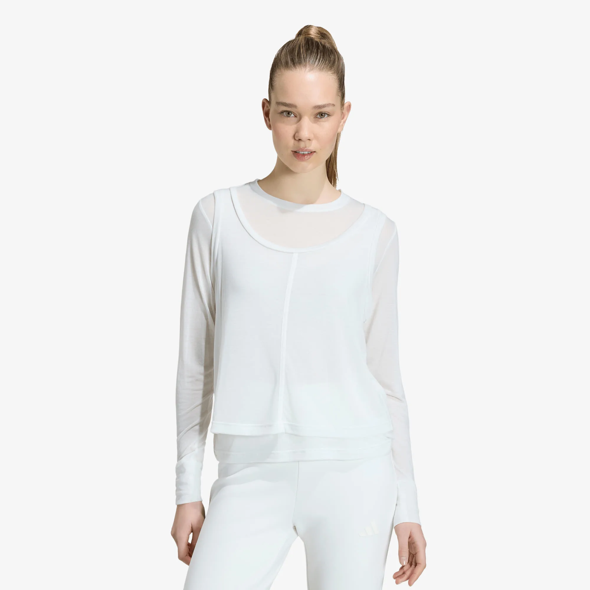 Тениска adidas Soft Lux Sheer Long-Sleeve Off White L – Дамски тениски