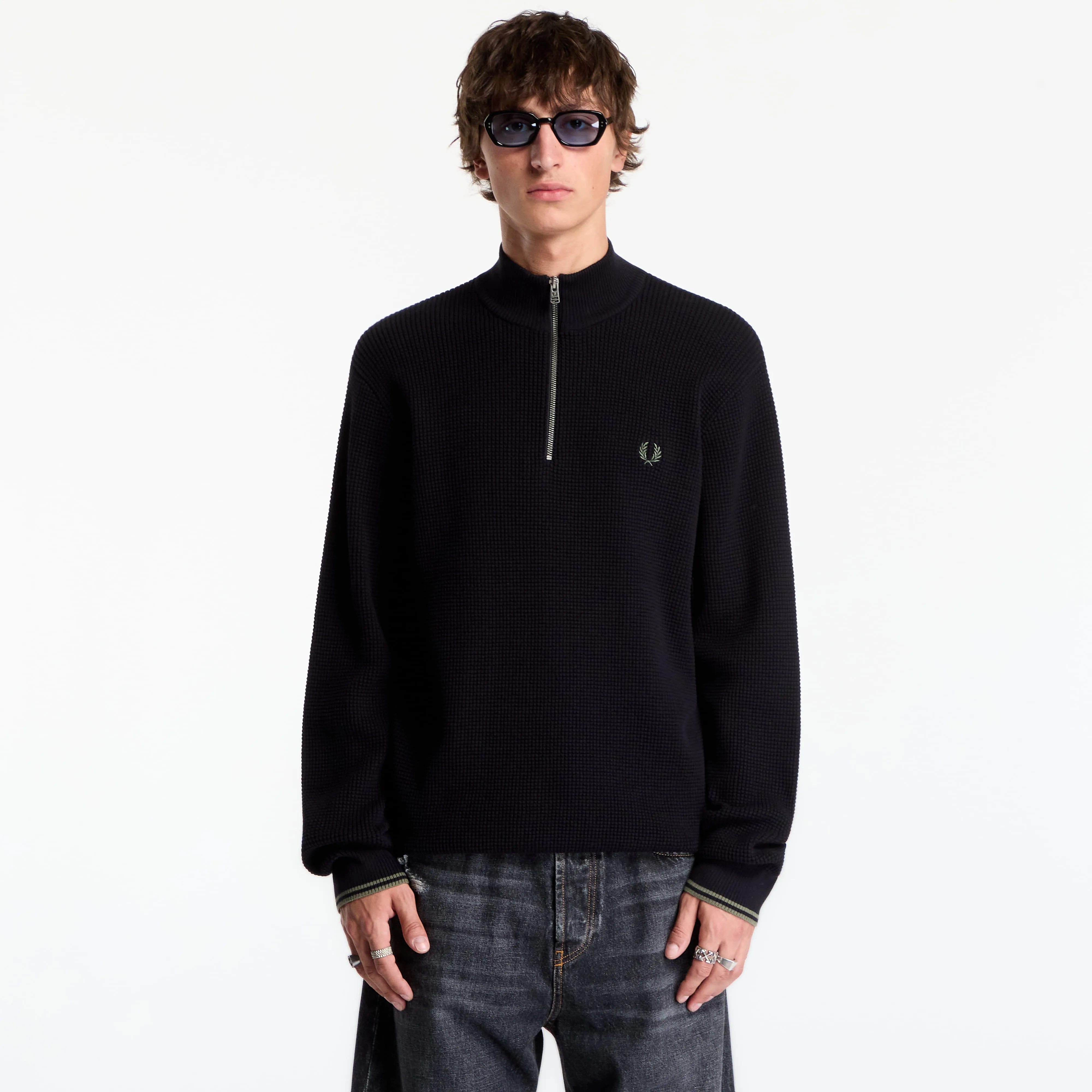 Пуловер FRED PERRY Waffle Stitch Half Zip Jumper Black L – Мъжки пуловери и жилетки