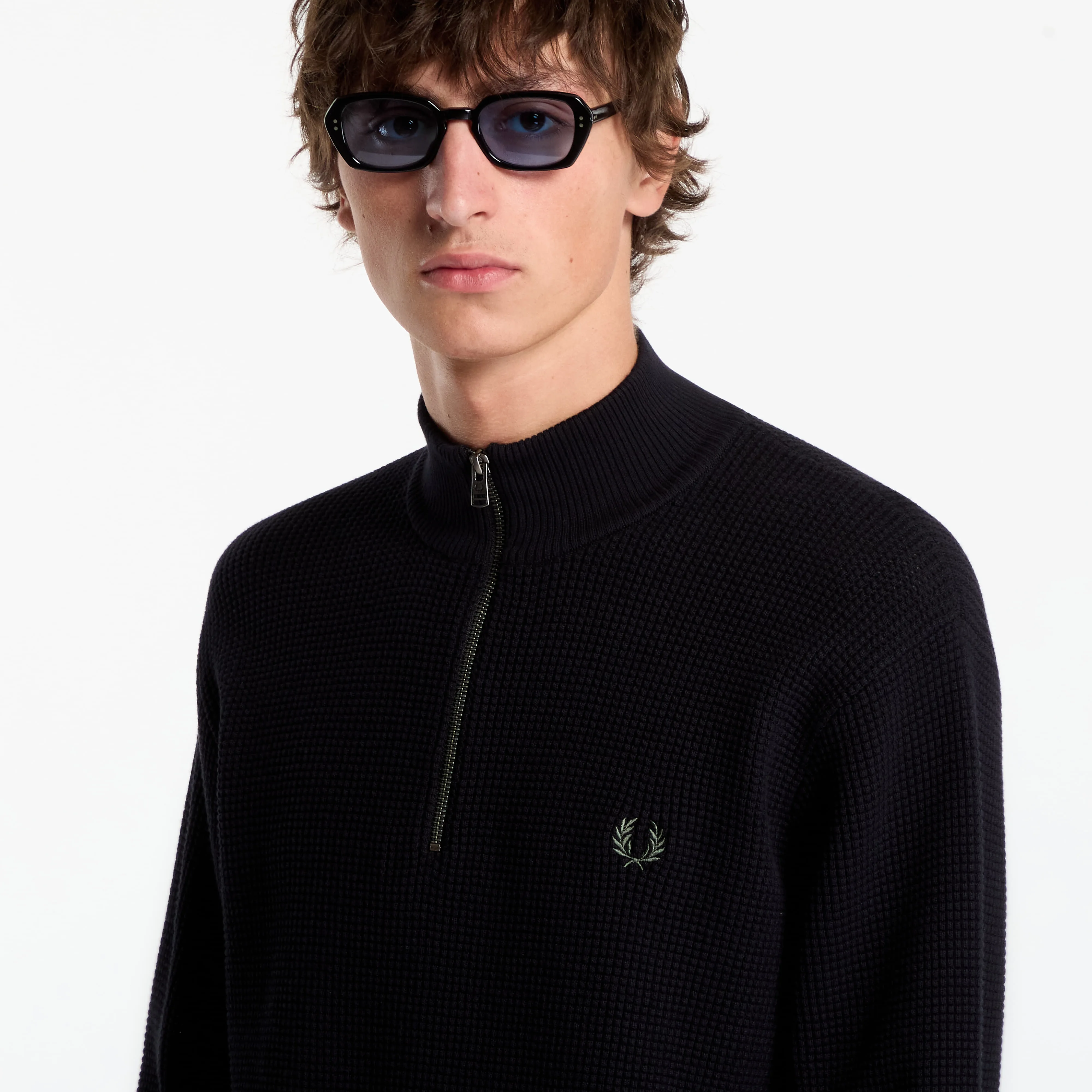 Пуловер FRED PERRY Waffle Stitch Half Zip Jumper Black L – Мъжки пуловери и жилетки