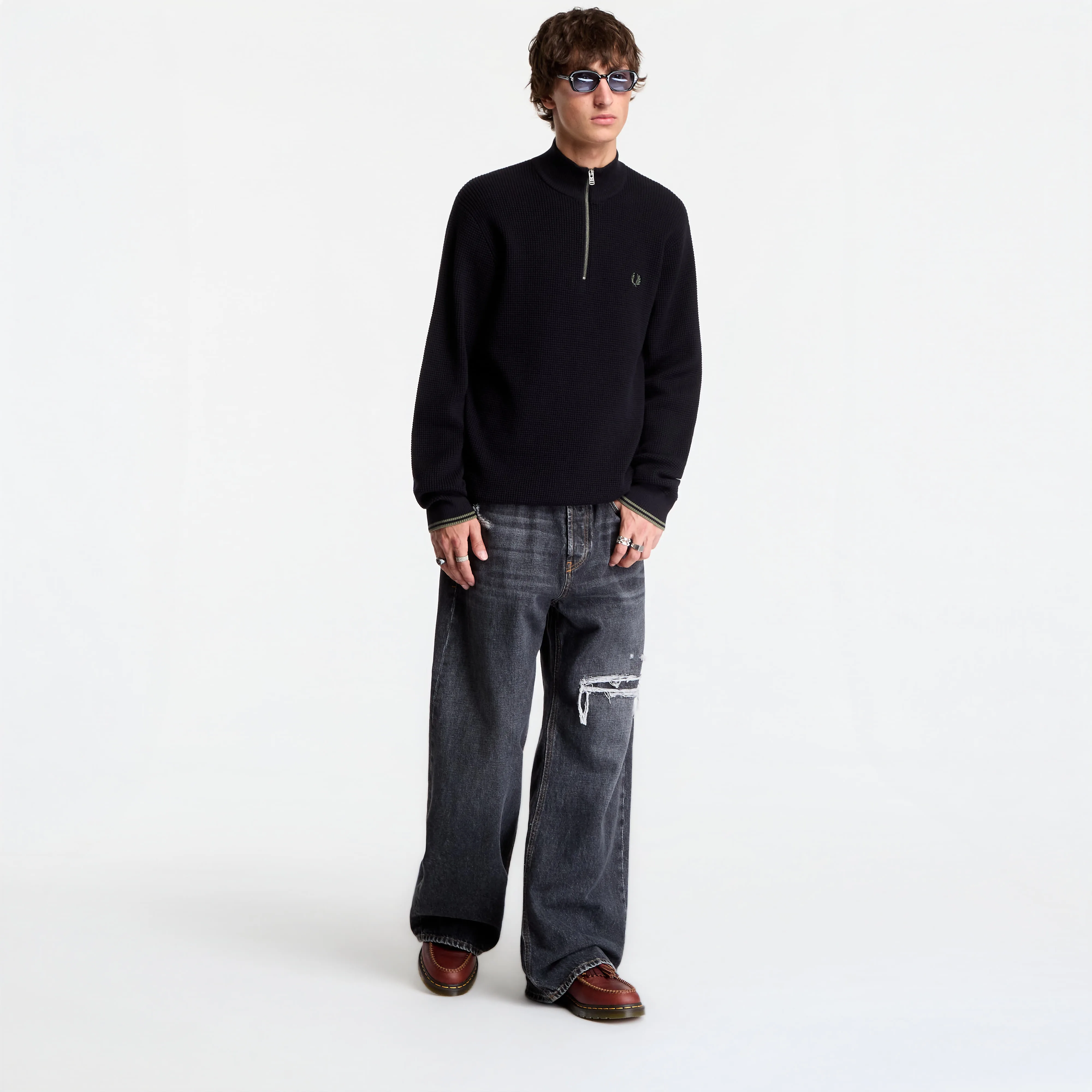 Пуловер FRED PERRY Waffle Stitch Half Zip Jumper Black L – Мъжки пуловери и жилетки