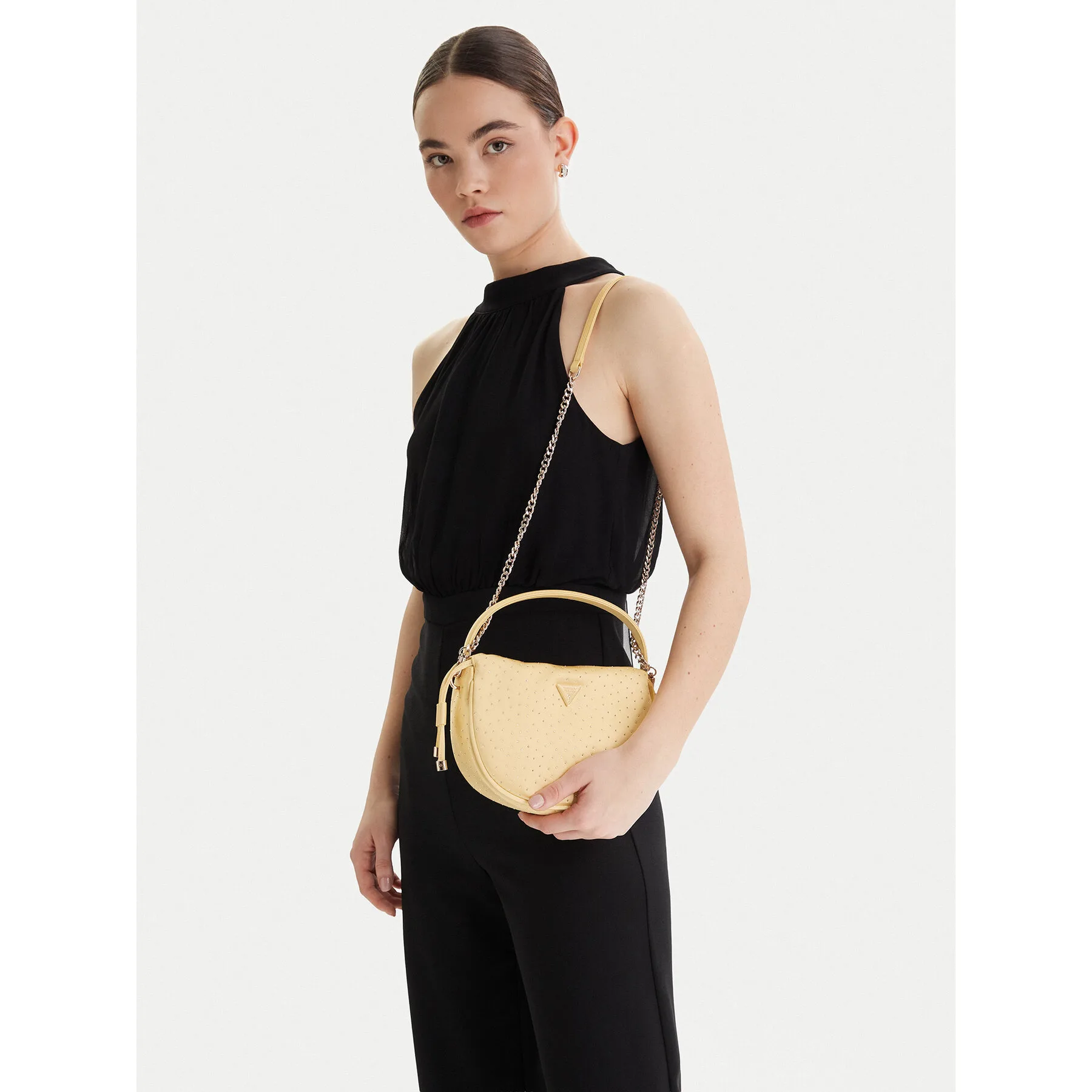 Дамска чанта тип торба Guess Elsie Mini HWSR96 златиста – Дамски чанти тип торба