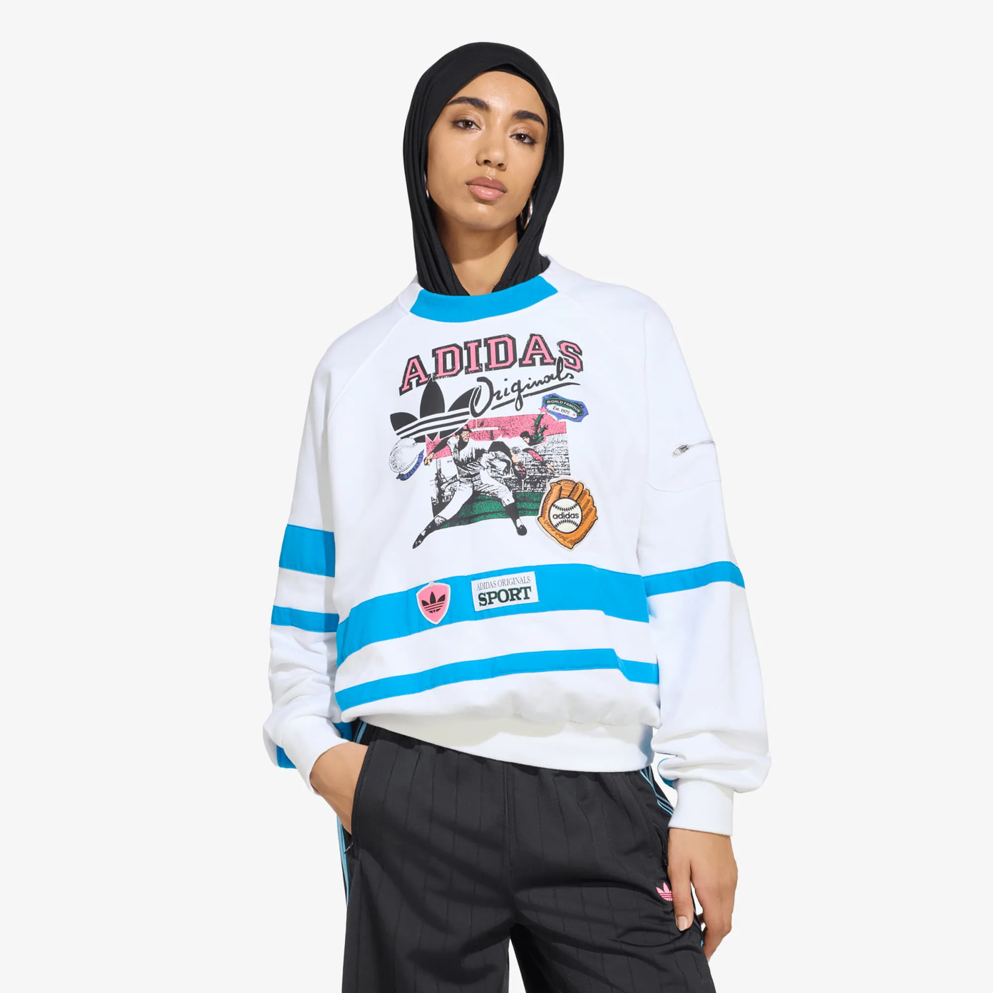 Суитшърт adidas Archive Sweater Baseball White/ Bright Blue S – White|Bright Blue – Дамски суитшърти и худита