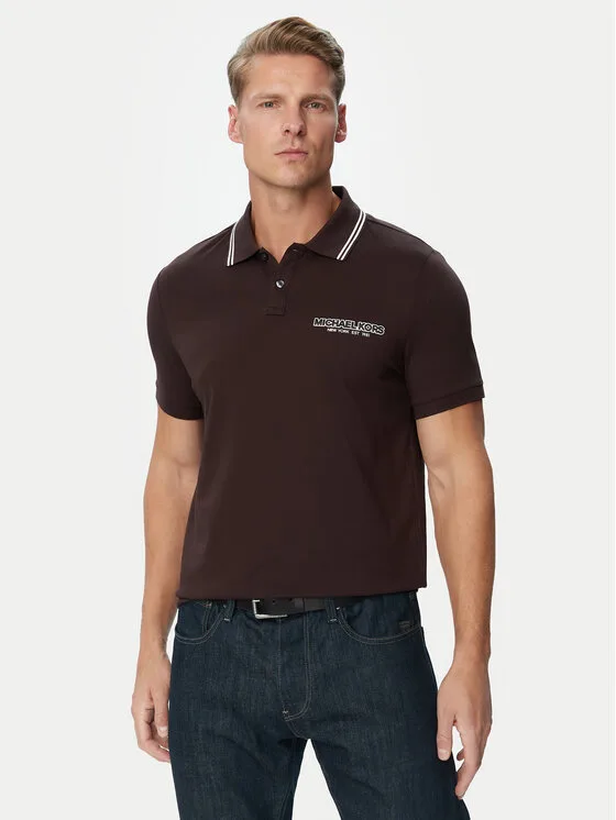 MICHAEL Michael Kors Тениска с яка и копчета CF6536S19P Тъмнокафяв Regular Fit – Мъжки поло тениски
