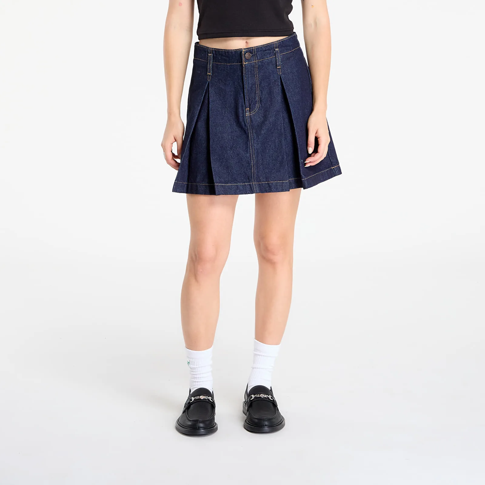 Дамска пола Calvin Klein Pleated Denim синя – Blue – Дамски миди поли
