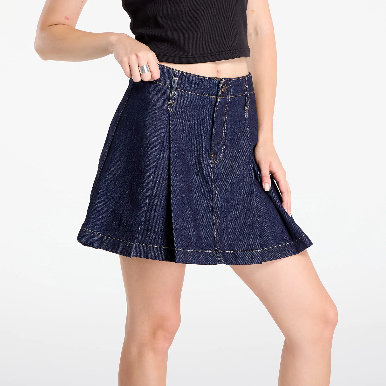 Дамска пола Calvin Klein Pleated Denim синя – Blue – Дамски миди поли