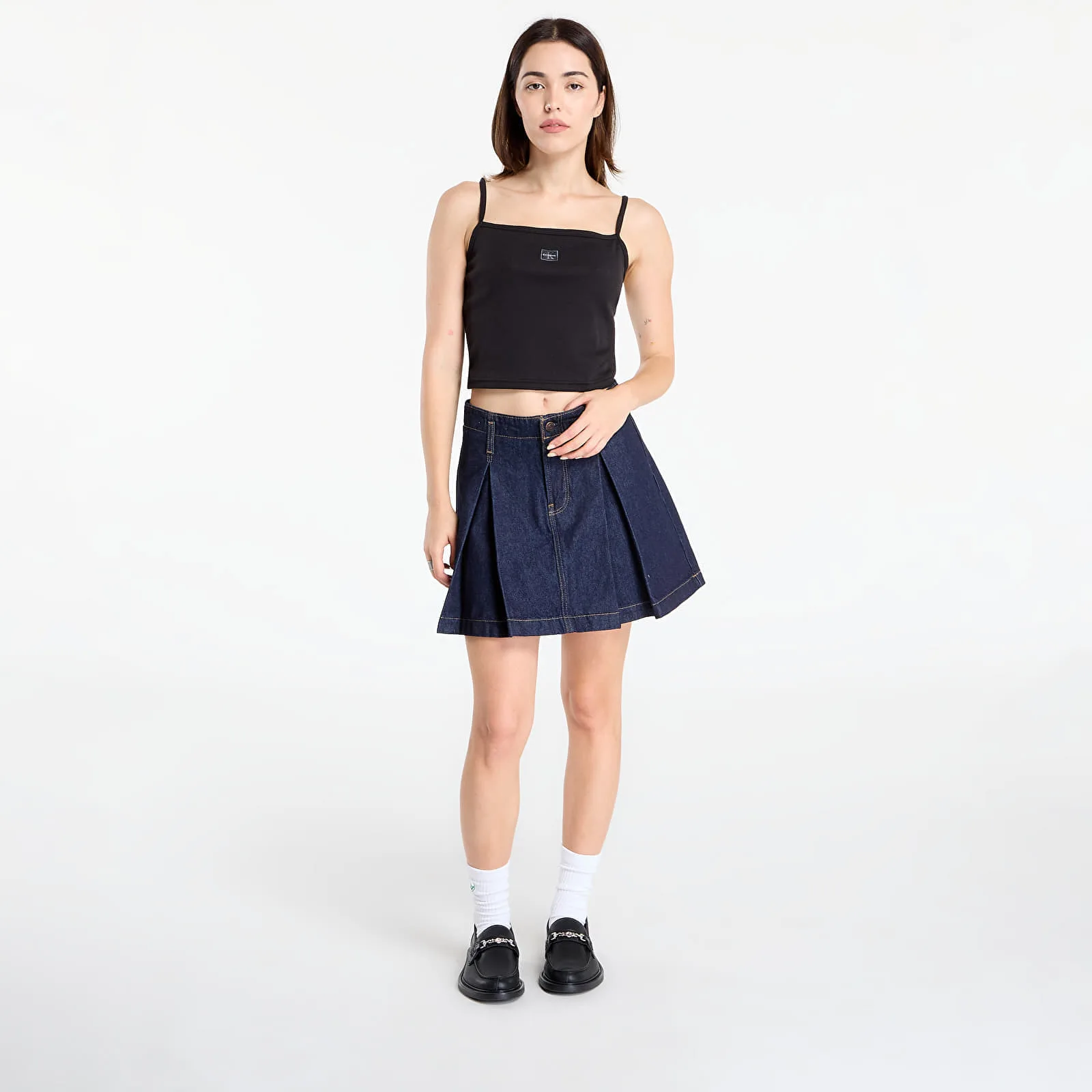 Дамска пола Calvin Klein Pleated Denim синя – Blue – Дамски миди поли