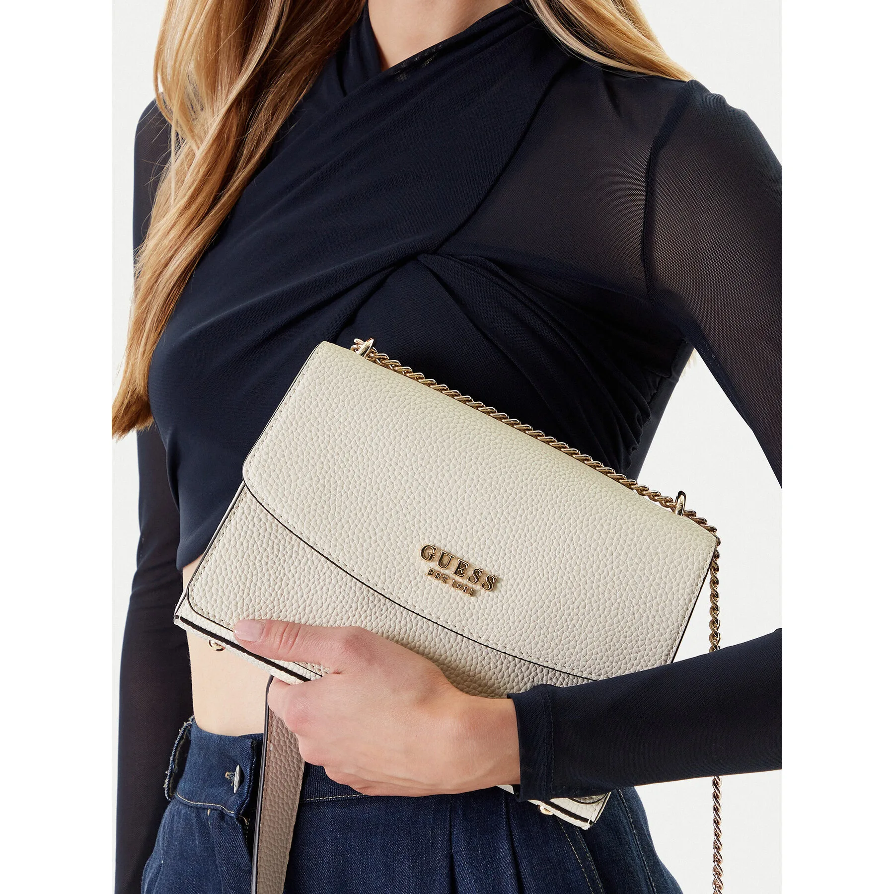 Дамска чанта Guess Calista HWBG73 34210 Кремав – Класически дамски чанти