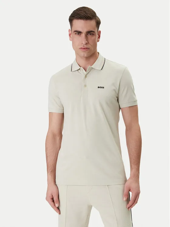 BOSS Тениска с яка и копчета Birdie Paule 50559365 Бежов Slim Fit – Мъжки поло тениски