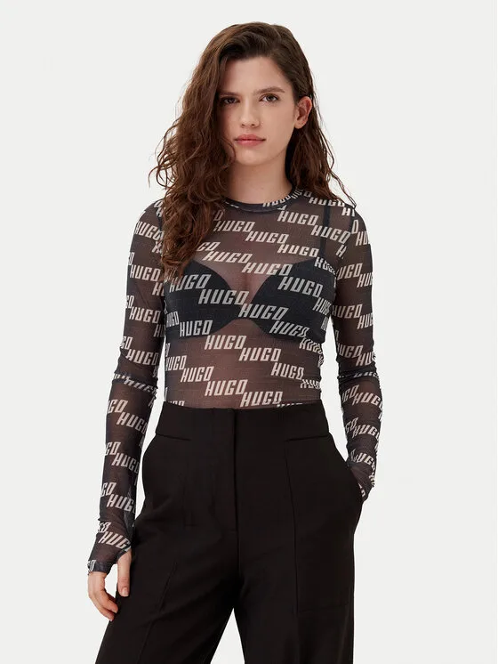 HUGO Тениска с дълъг ръкав 50534837 Черен Slim Fit – Дамски блузи