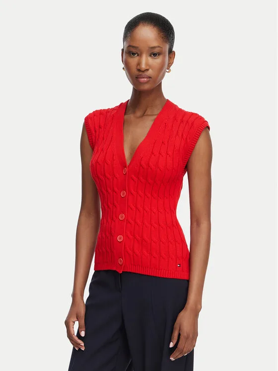 Дамски елек Tommy Hilfiger Mid Gg Cable червен – Дамски елеци