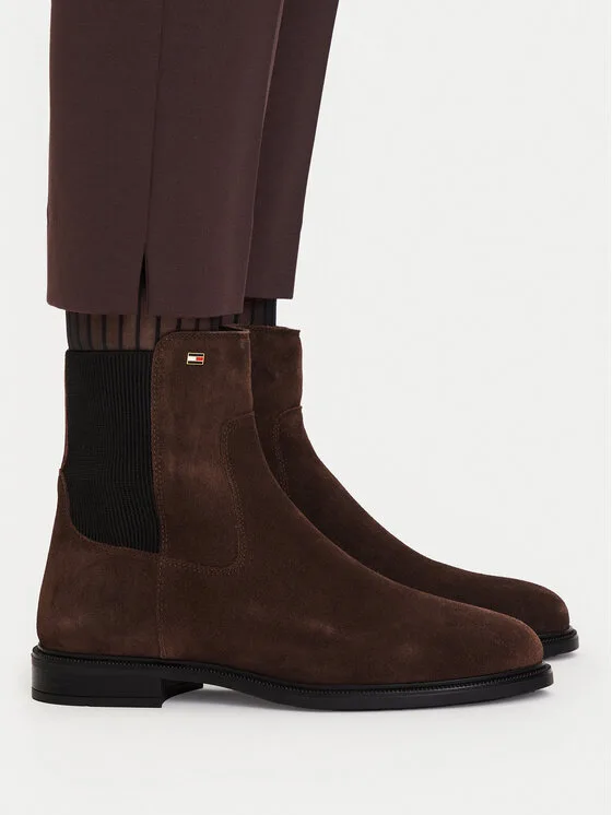 Tommy Hilfiger Боти тип челси Enamel Flag Suede Ankle Chelsea FW0FW09575 Кафяв – Дамски равни боти