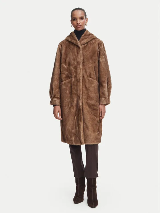Rinascimento Кожено палто CFC0127148003 Бежов Oversize – Дамски кожуси