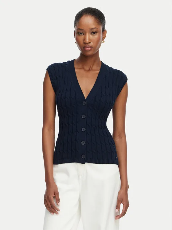 Tommy Hilfiger Елек Mid Gg Cable WW0WW50075 Тъмносин Regular Fit – Дамски елеци