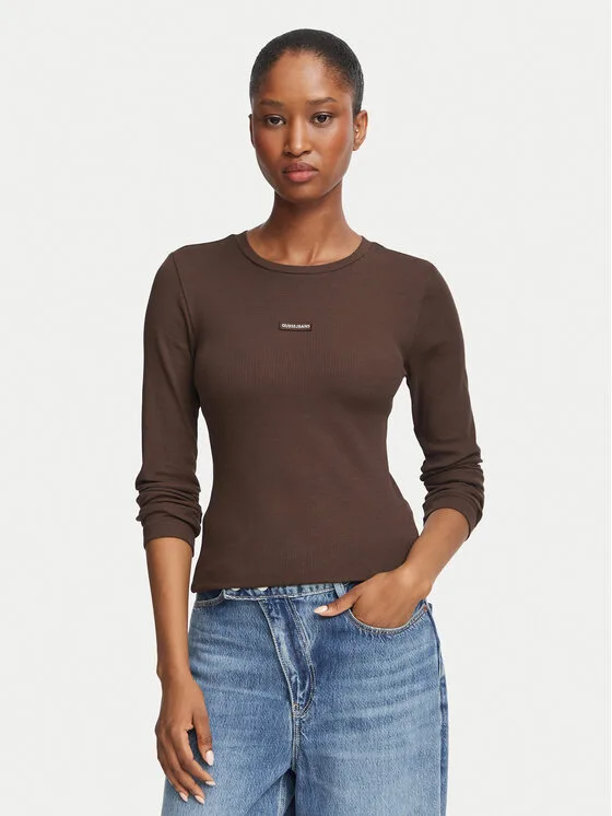 Guess Jeans Блуза W6BP05 K5470 Тъмнокафяв Slim Fit – Дамски блузи