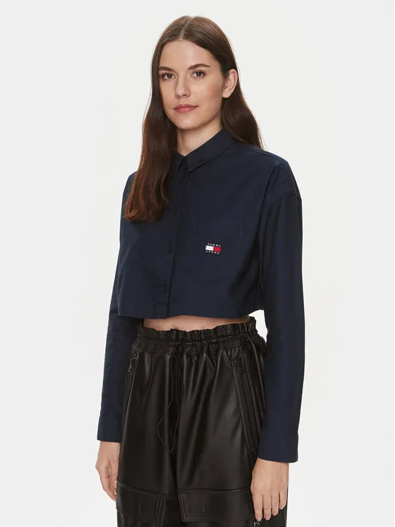Дамска риза Tommy Jeans Badge тъмносиня – Дамски ежедневни ризи