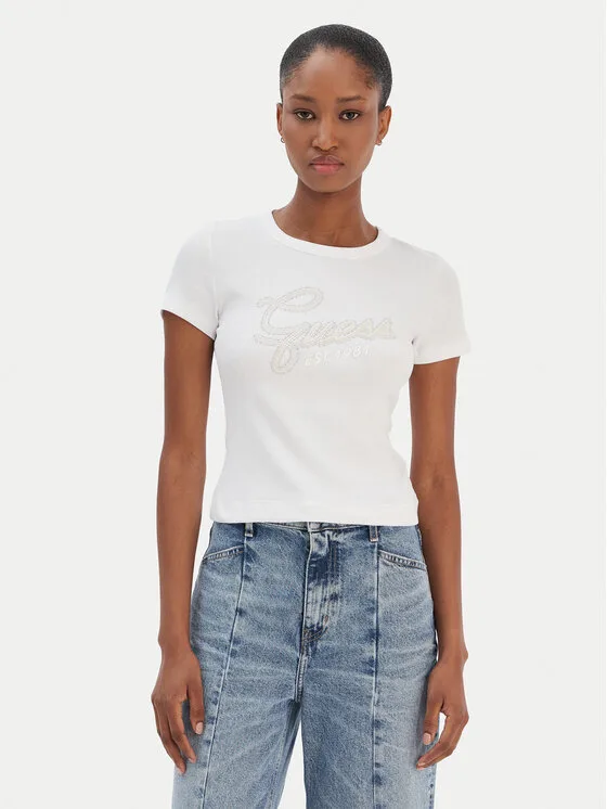 Guess Тишърт W6RI22 KA0H1 Бял Slim Fit – Дамски тениски