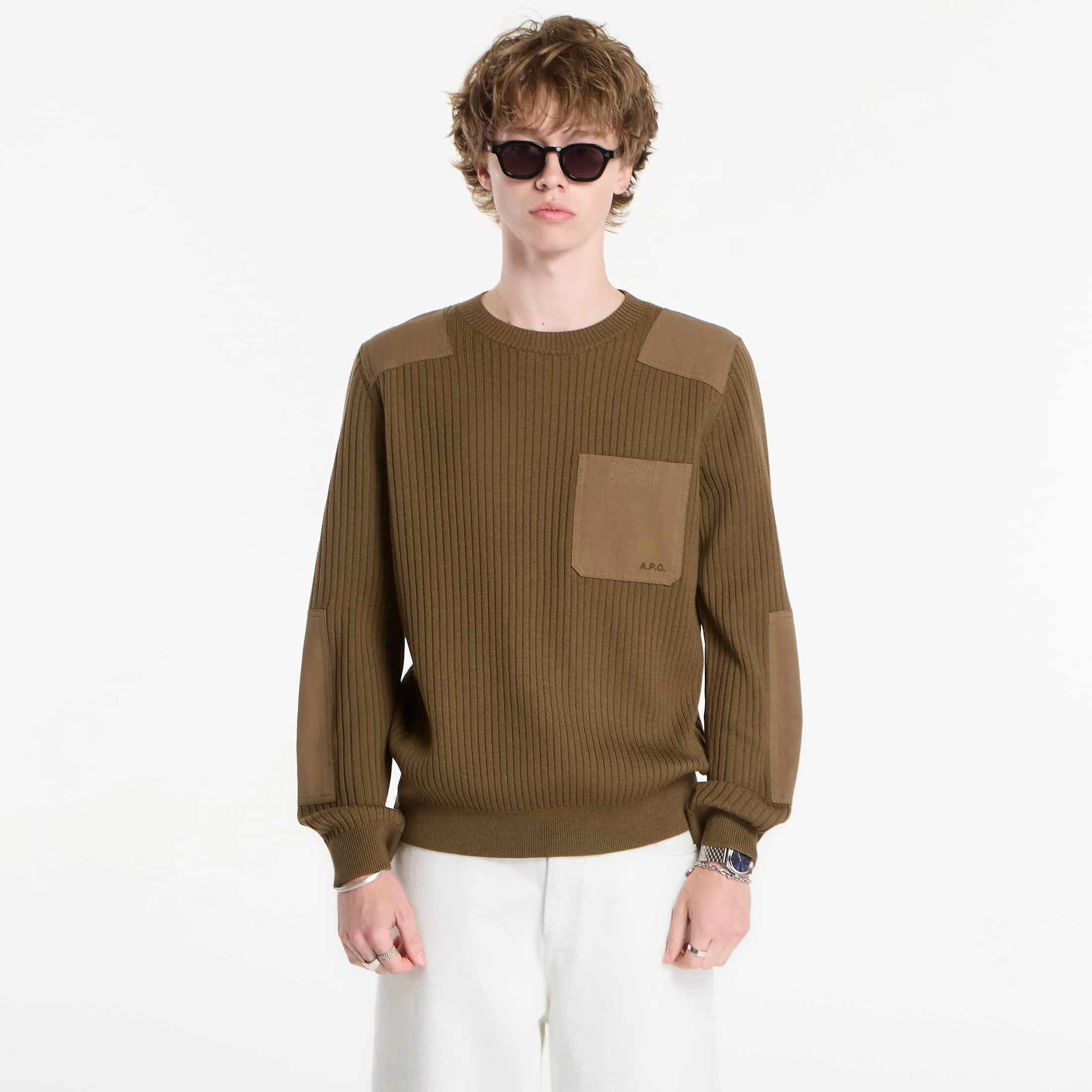 Мъжки пуловер A.P.C. Pull Mallarme маслинен – Olive – Мъжки класически пуловери