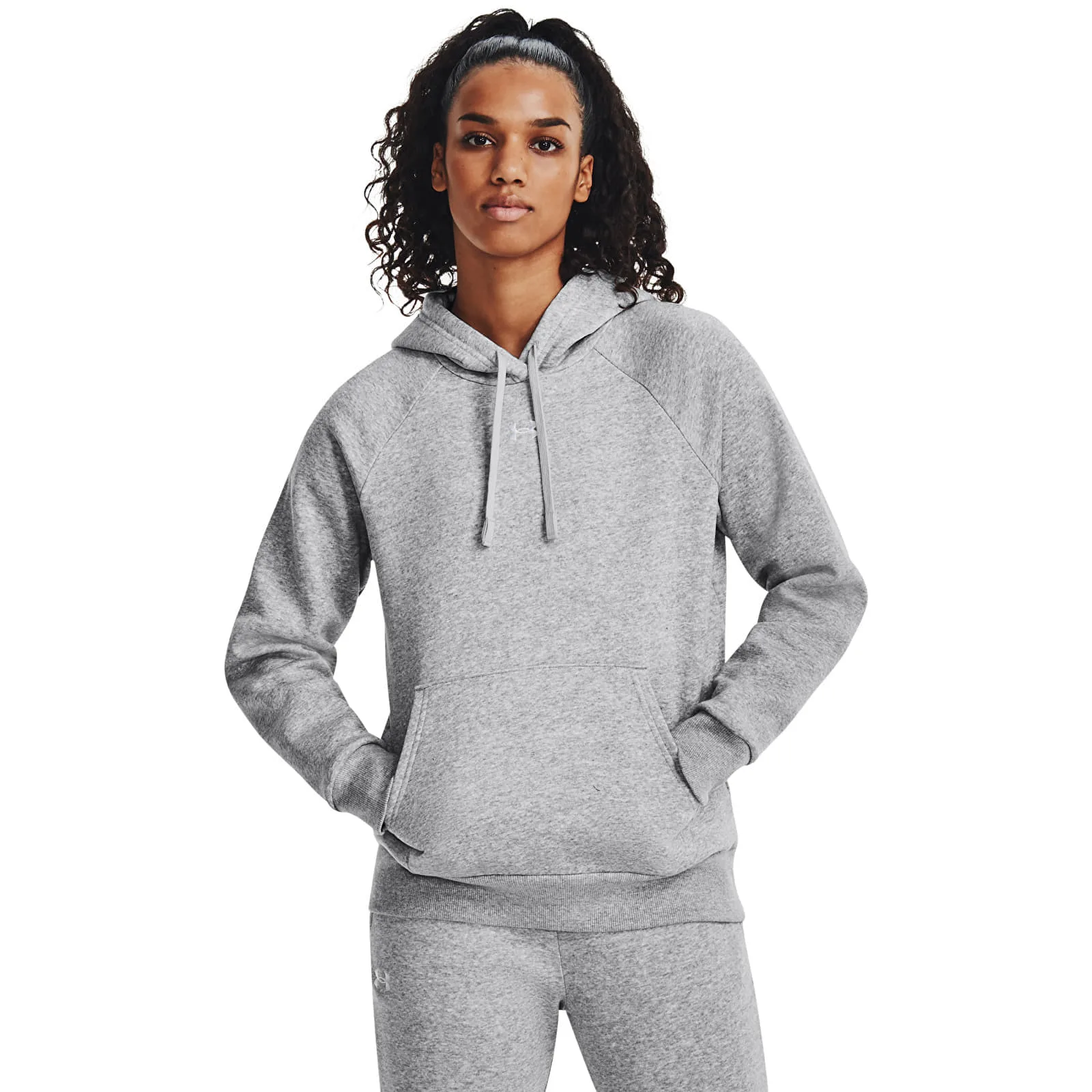 Дамски суитшърт с качулка Under Armour Rival сив/бял – Mod Gray Light Heather|White – Дамски худита
