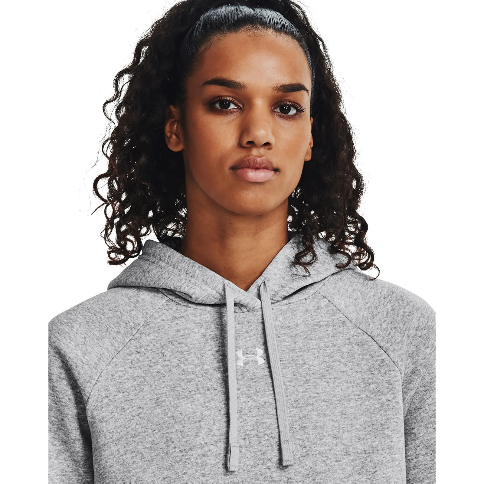 Дамски суитшърт с качулка Under Armour Rival сив/бял – Mod Gray Light Heather|White – Дамски худита