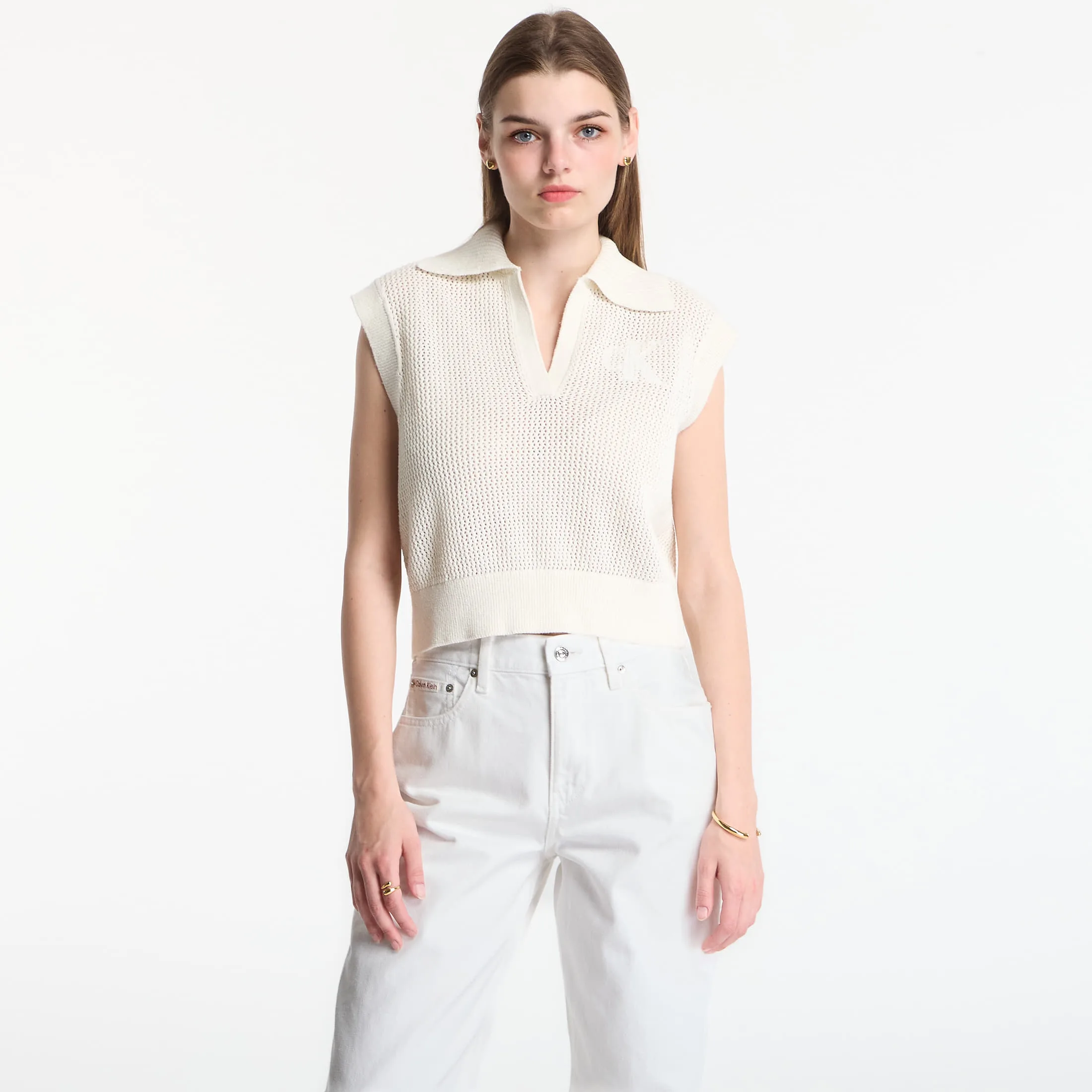 Дамски елек Calvin Klein Jeans Crochet Cropped – Tofu – Дамски елеци