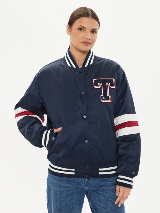 Дамско яке бомбър Tommy Jeans Letterman тъмносиньо – Дамски бомбър якета