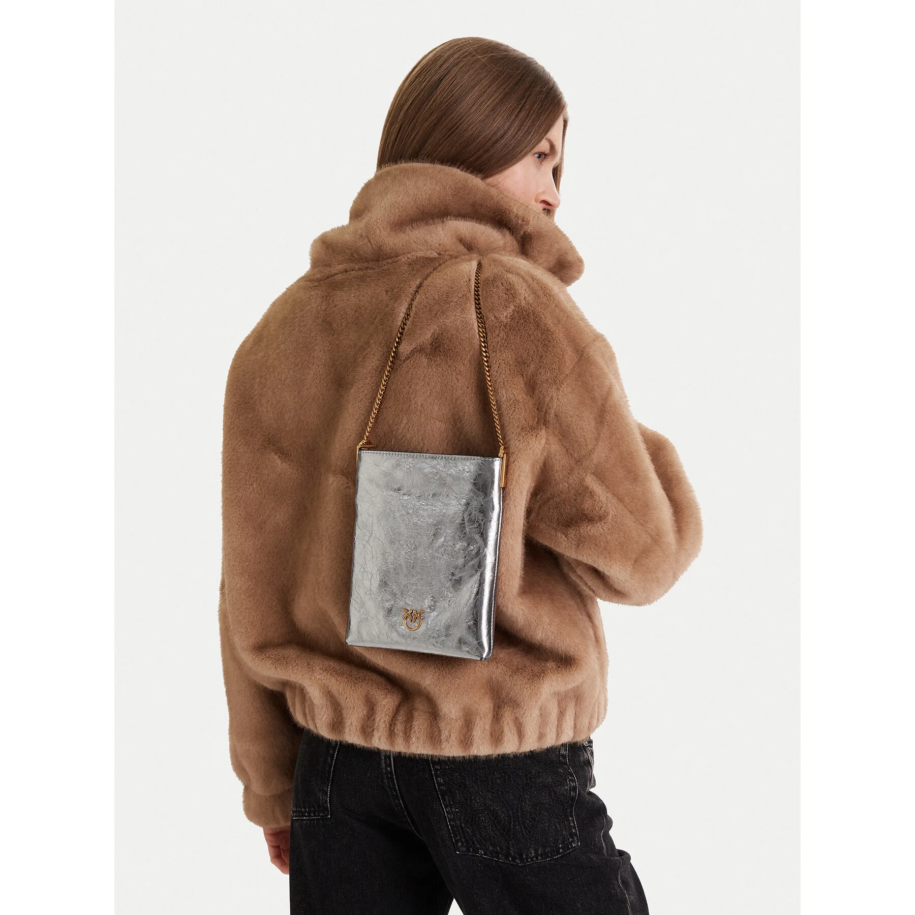 Дамска вечерна чанта PINKO Flat Satchel AI Pcpl A2OT сребриста – Дамски вечерни чанти