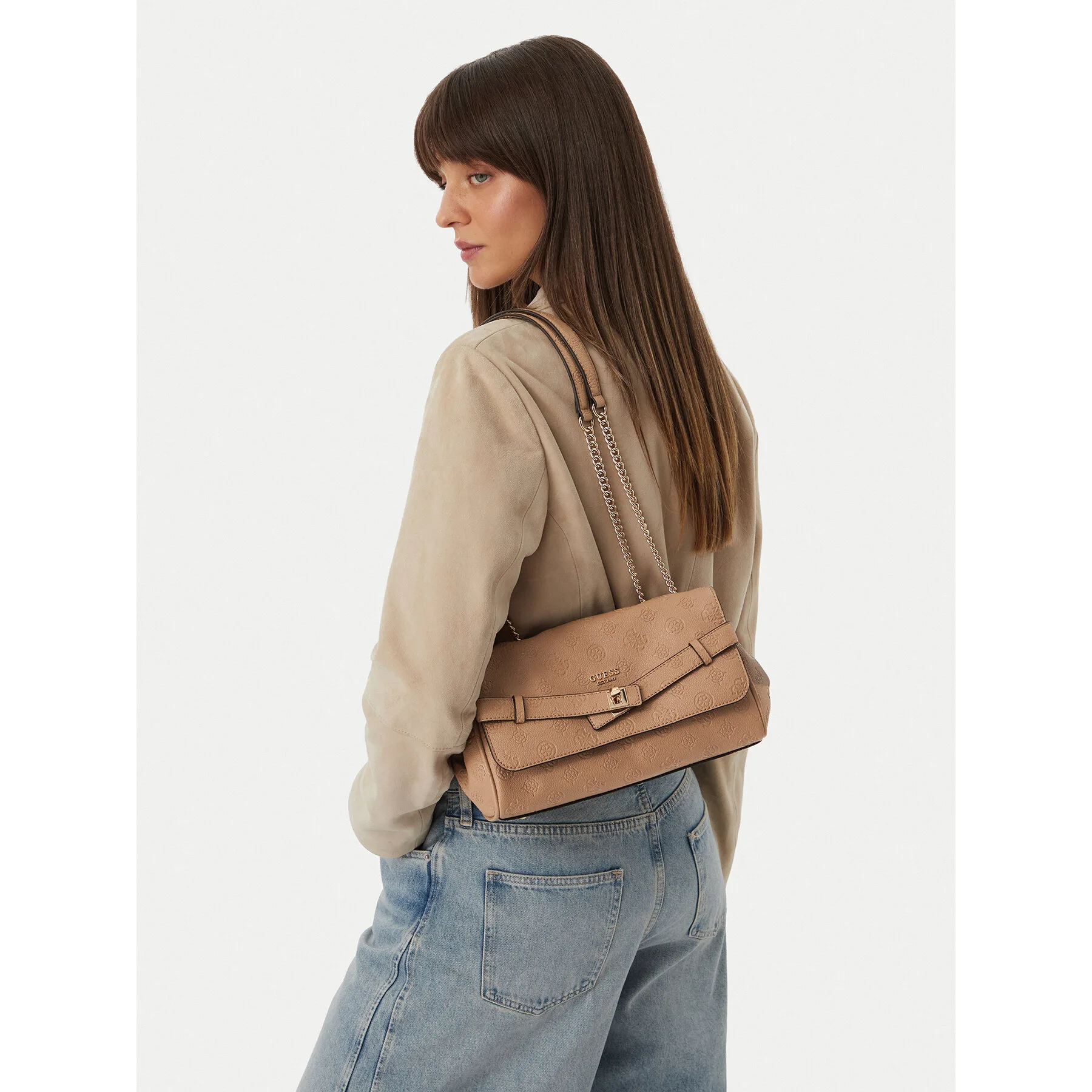 Дамска чанта Guess Ella Logo HWPD97 светлобежова – Класически дамски чанти