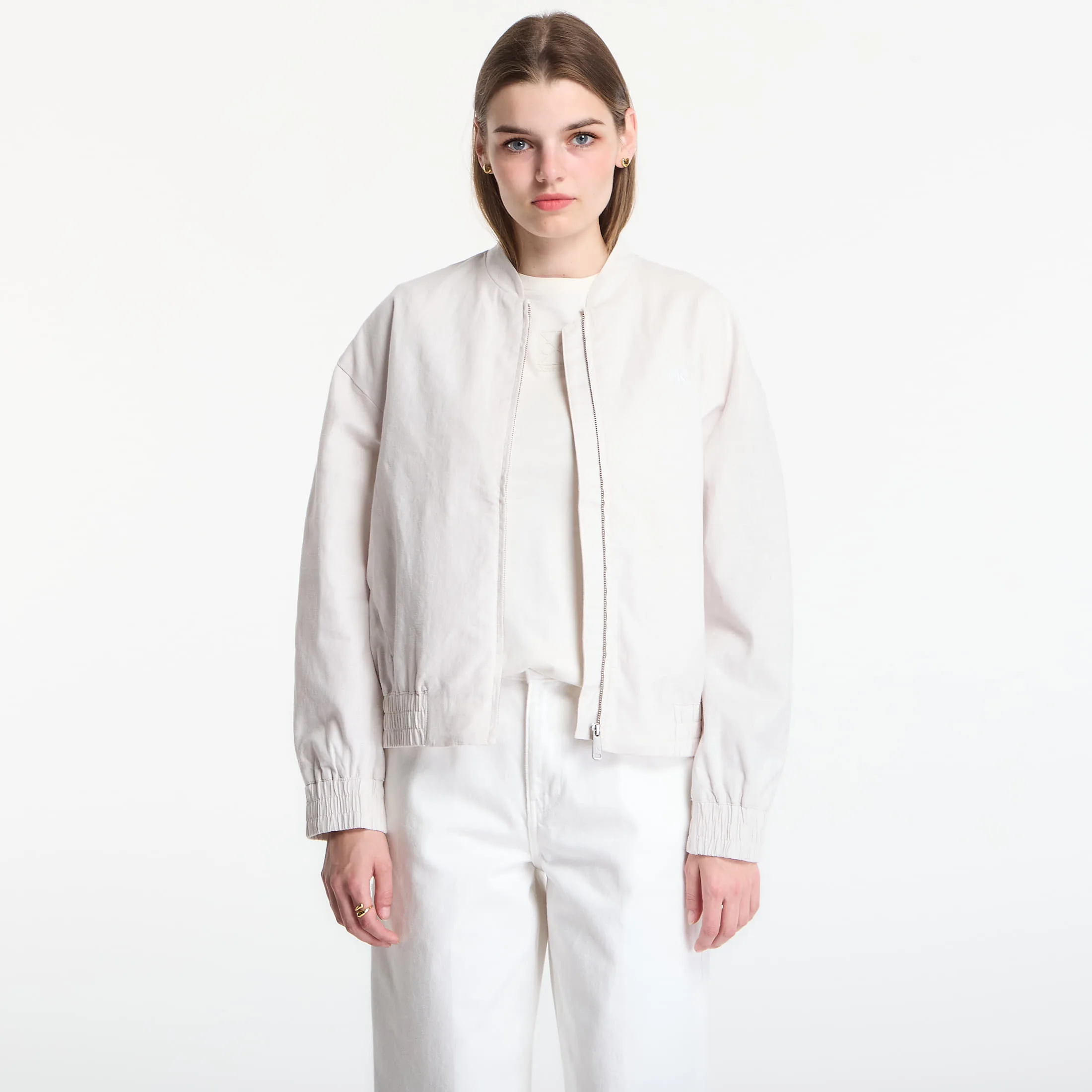 Дамски елек Calvin Klein Linen Bomber бял – White Sand – Дамски елеци