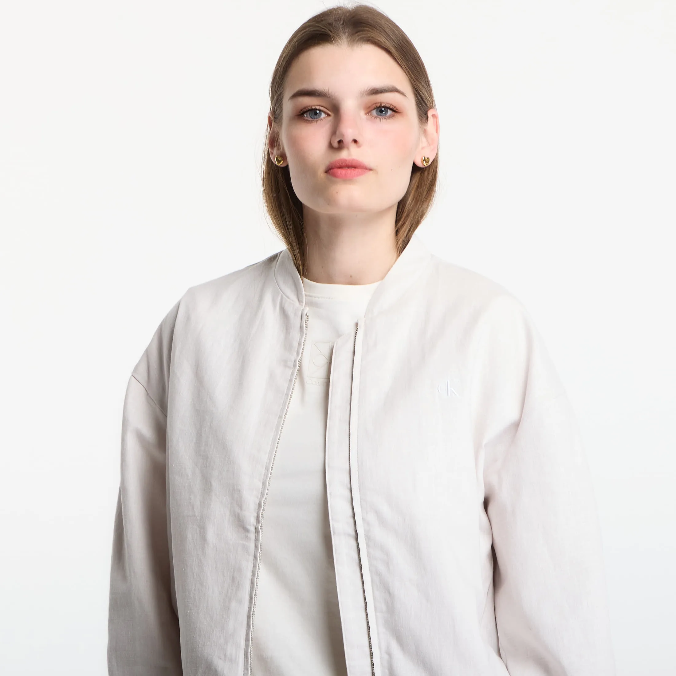 Дамски елек Calvin Klein Linen Bomber бял – White Sand – Дамски елеци