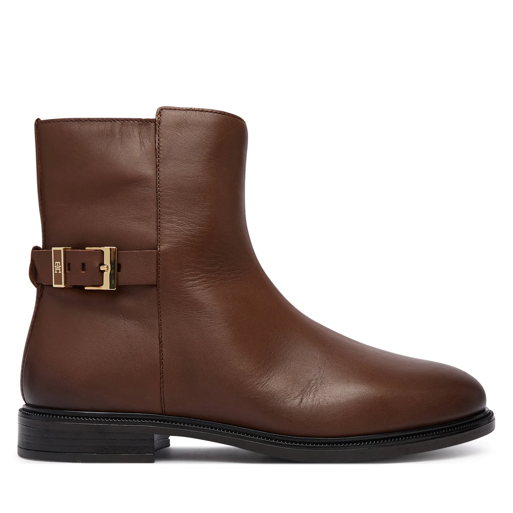 Боти Tommy Hilfiger Th Buckle Leather Ankle Boot FW0FW09486 Кафяв – Дамски равни боти